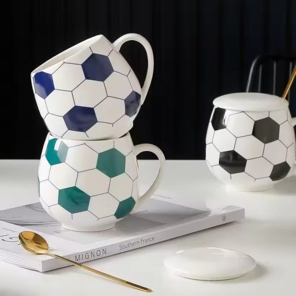 L Ceramic Creative Football Theme Mug with Lid Spoon